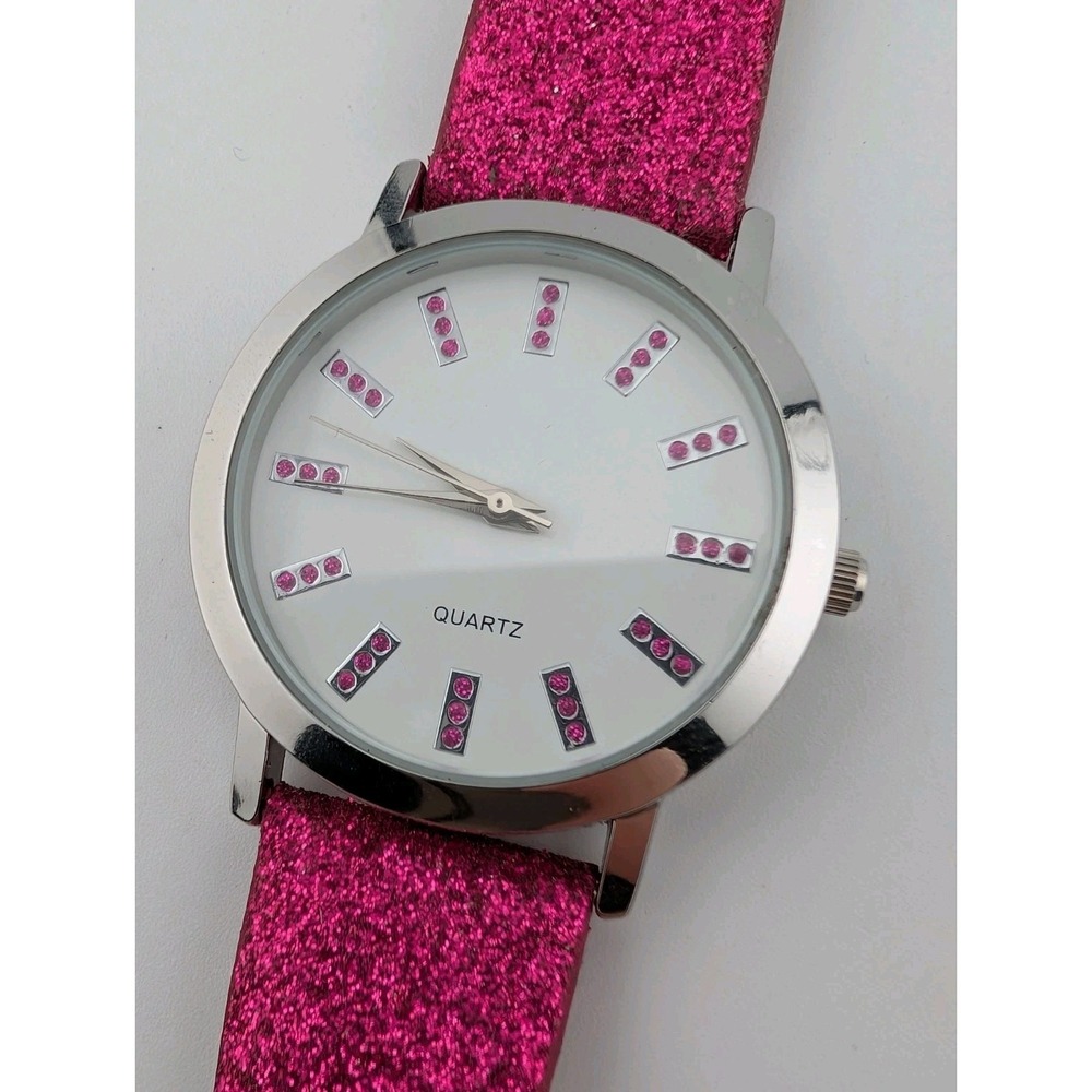 Avon Glitter Watch Women 34mm Silver Case Pink‎ Glitter Band- New Battery